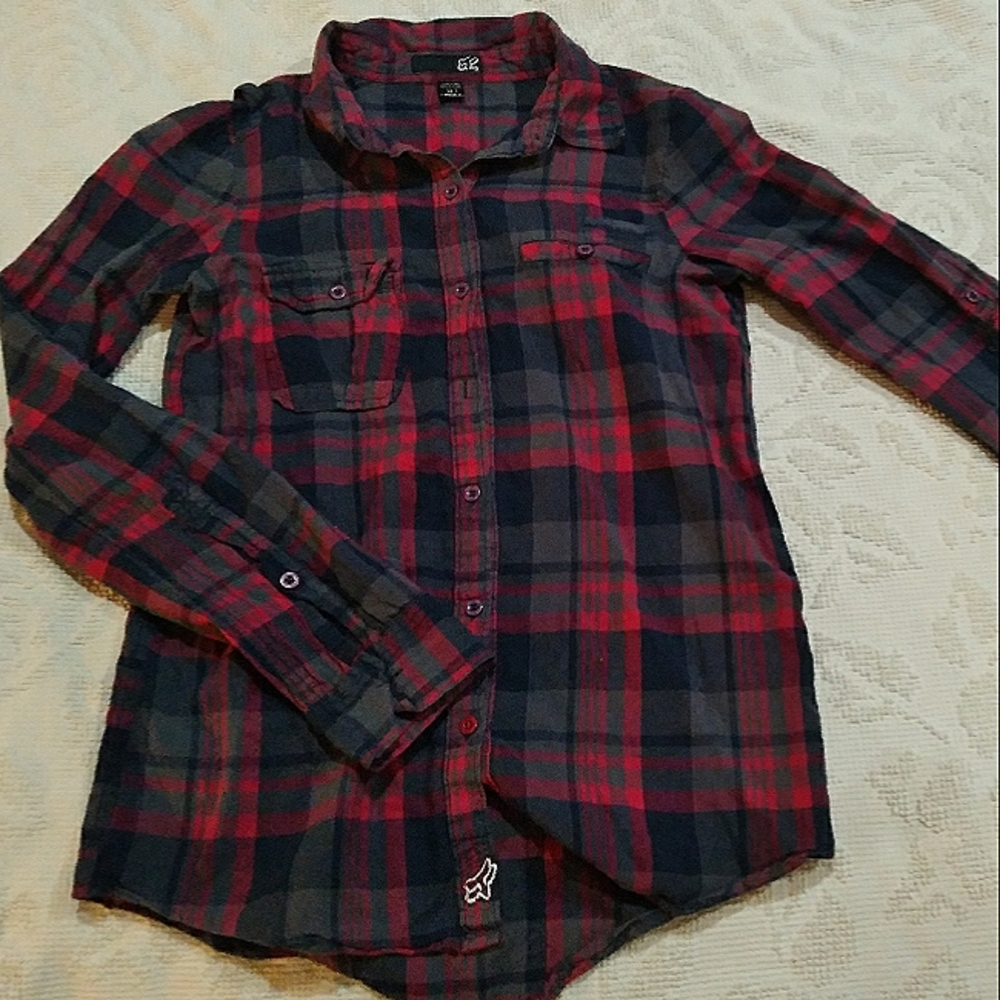 Fox Racing, Size Medium, charcoal/grey/fuchsia/navy blue (plaid) button up shirt